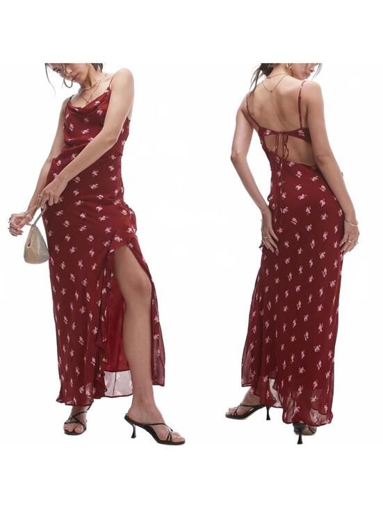 Topshop Dresses & Skirts - Topshop Sheer Drape Midi Dress Red Cowl Neck Maxi Dress Slit Burgundy NWT Size 2
